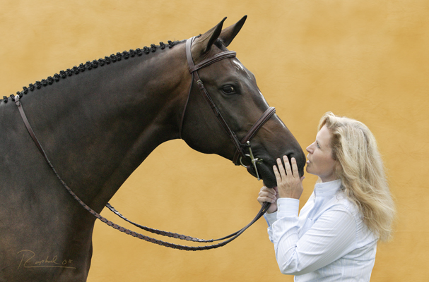 Portrait of blond woman kissing her horse on yelow background